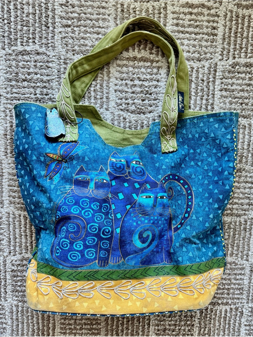 Laurel Burch Indigo Large Canvas Denim Cat Print Double Strap Shoulder Tote Bag